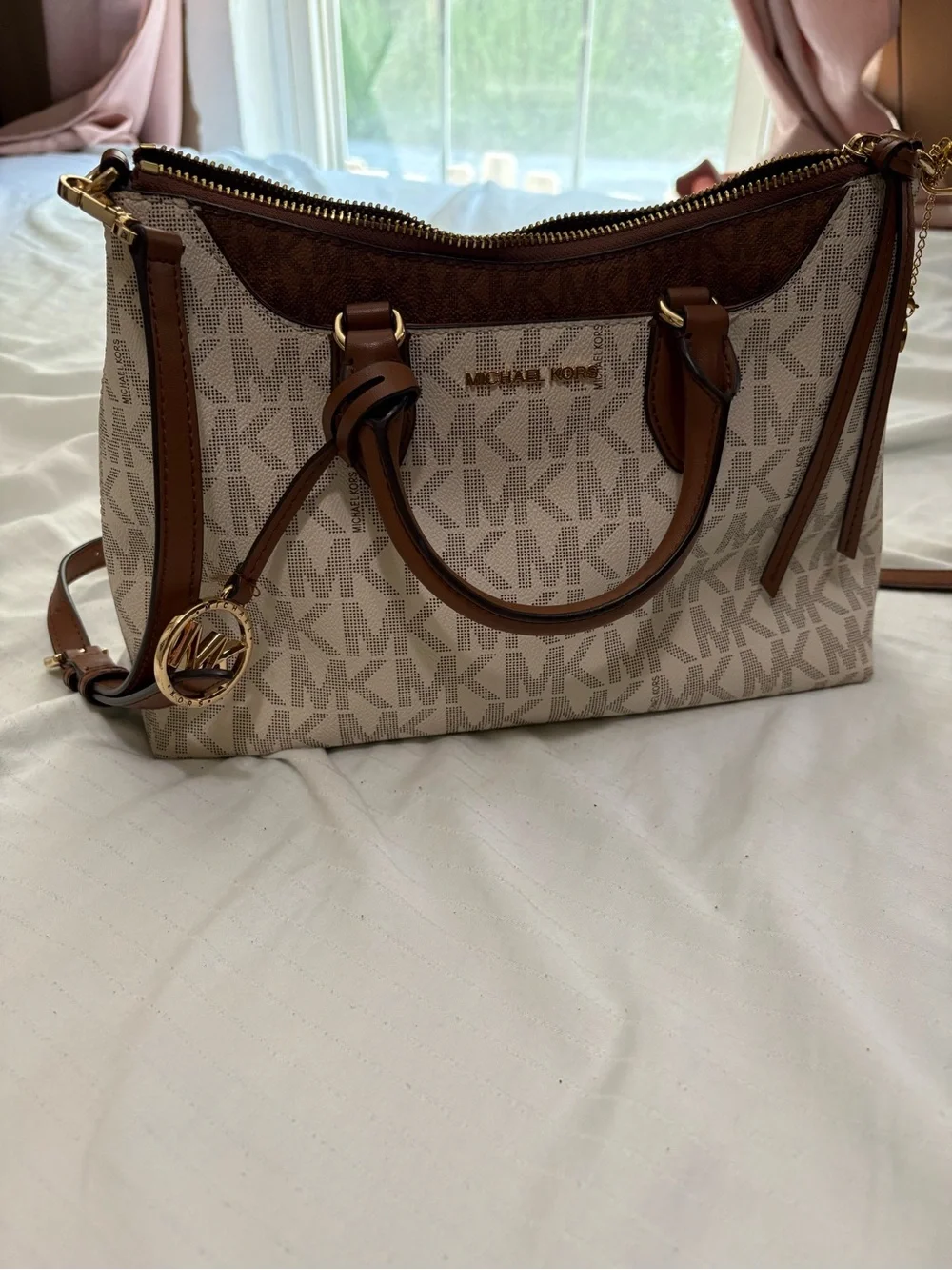 Michael Kors Beige Logo Satchel with Brown Trim and Gold Hardware